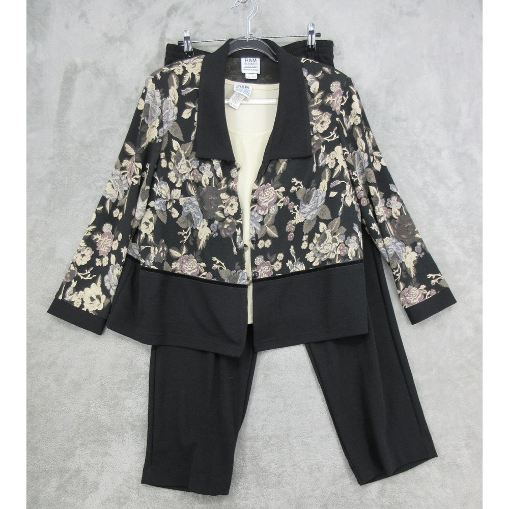 R&M Richards Pant Suit Womens Size 16W Petite Floral 3 Piece Jacket Tank Black